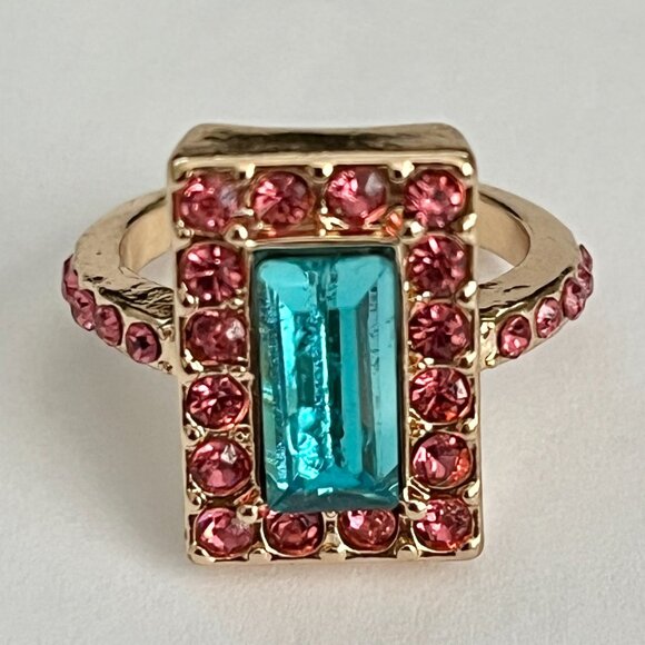 Rose Gold Crystal Cocktail Ring Pink Aqua Blue Princess Cut Size 6 Plated - Picture 10 of 14